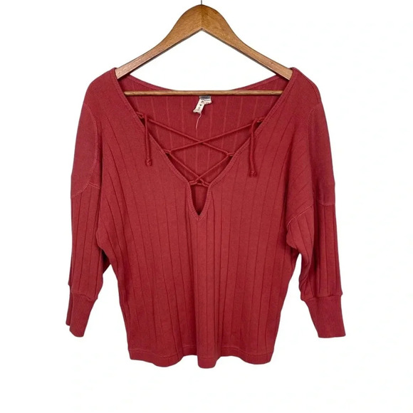 Free People Burnt Orange Ribbed Lace Up Top - Picture 1 of 6